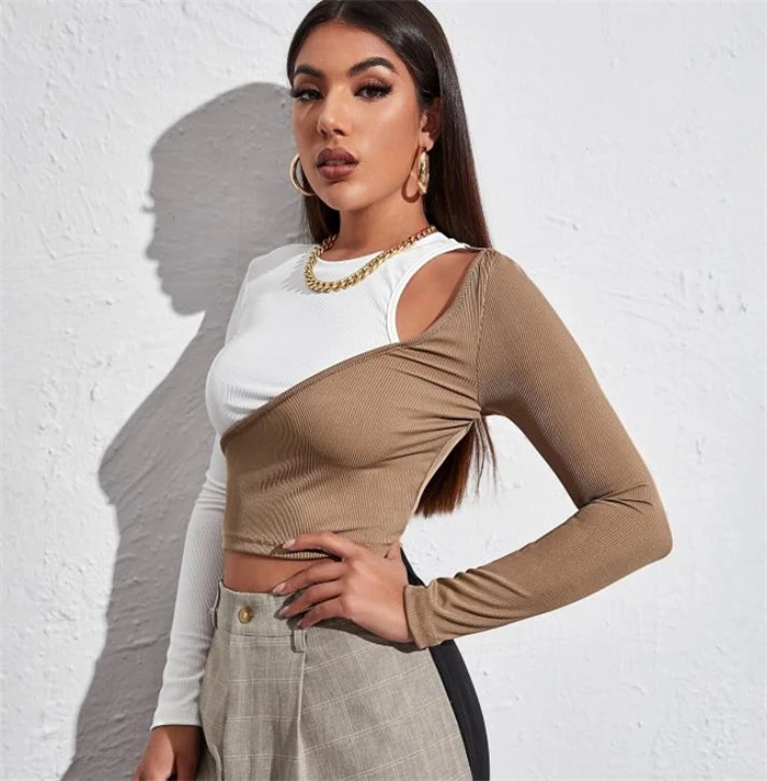 Camiseta corta ort para mujer, camiseta de algodón Street Sle round Ne Hollow out Splice Long Sve Slim Fit, camiseta Faion de otoño irt