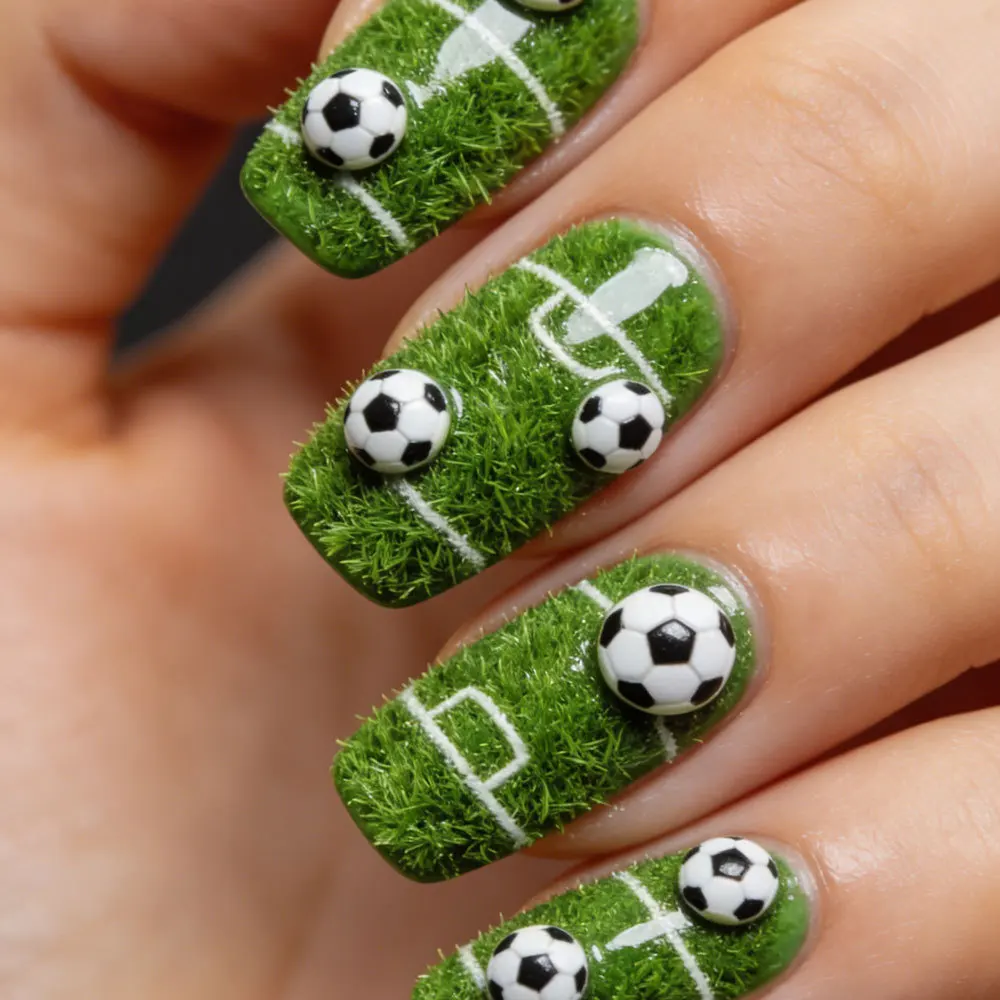 

World Cup Football Press on Nails for Football Lover Fake Nails Green Short Square Fake Nail Tips Wearable False Nails 24Pcs