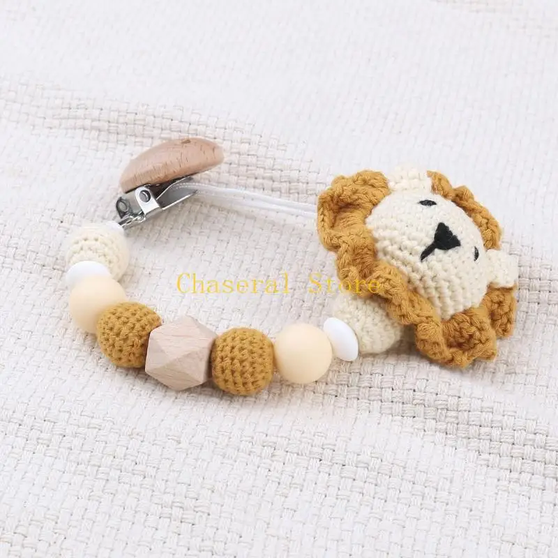 E7CE Crochet Lion Pacifier Chain Bead Clip Nursing Pacifier Holder Baby Chewing Toy Toddler Dummy Clip Newborn Shower Gift