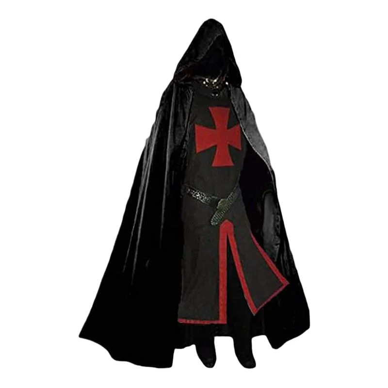 Hommes médiévaux croisés chevaliers templiers tunique Costumes Renaissance Halloween surcoat guerrier noir peste cape Cosplay haut S-3XL