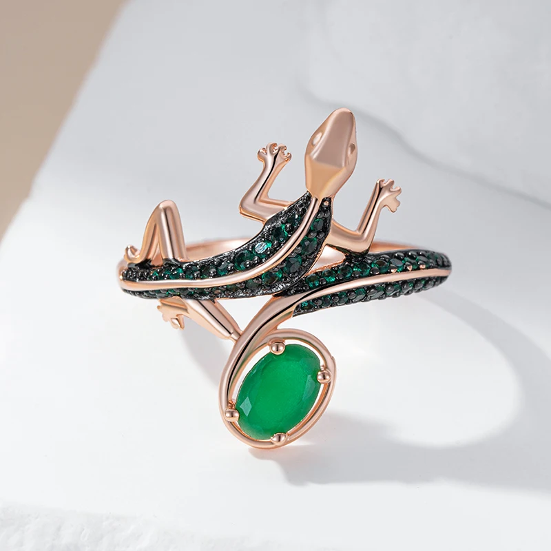 Kinel Hot Punk Green Natural Zircon Lizard Ring for Women 585 Rose Gold and Black Plating Vintage Animal Daily Fine Jewelry