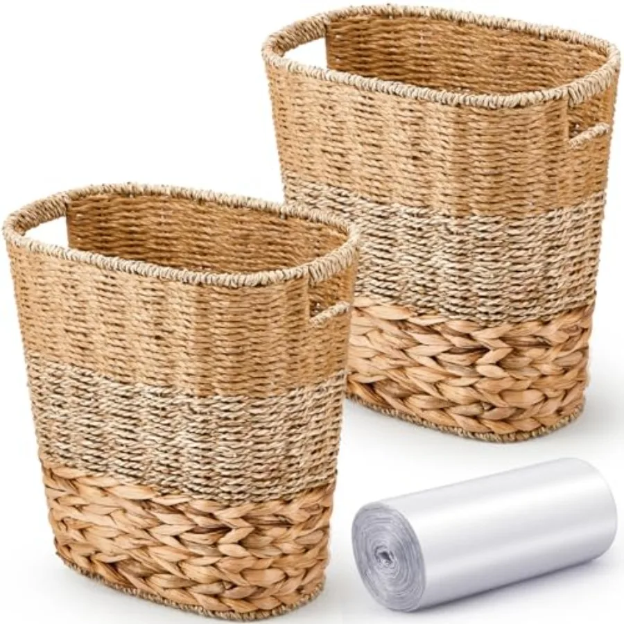 

2 Pcs Wicker Trash Can with 50 Small Trash Bag Wicker Waste Woven Basket with Handles Clear Multi Use Garbage Bags for Bathroom