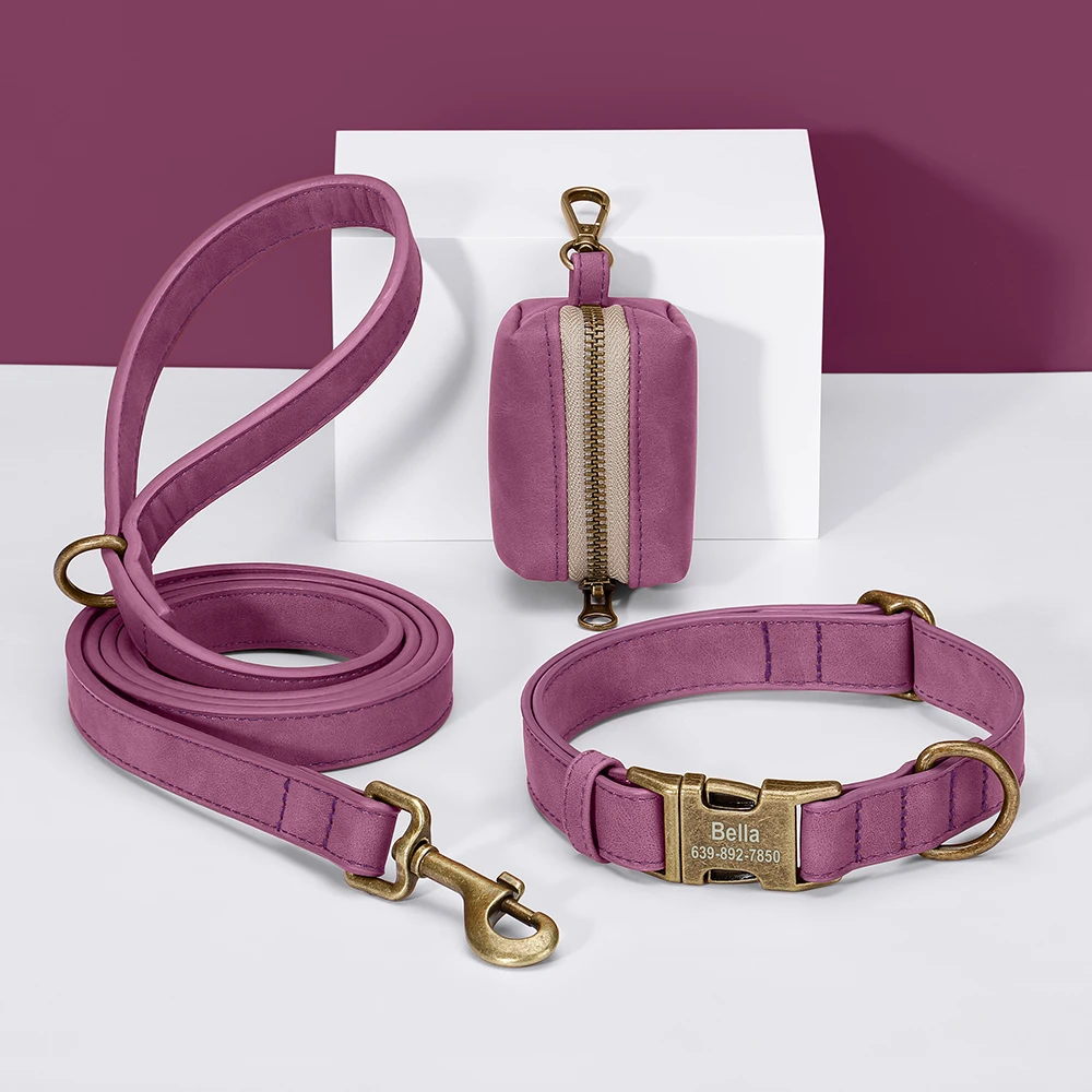 Benutzerdefinierte Hundehalsband Leine Tasche Set personalisierte PU Leder Hundehalsbänder Vintage Haustier Schnalle Halskette mit Bleikot Tasche für Hunde Mops – Detail 18