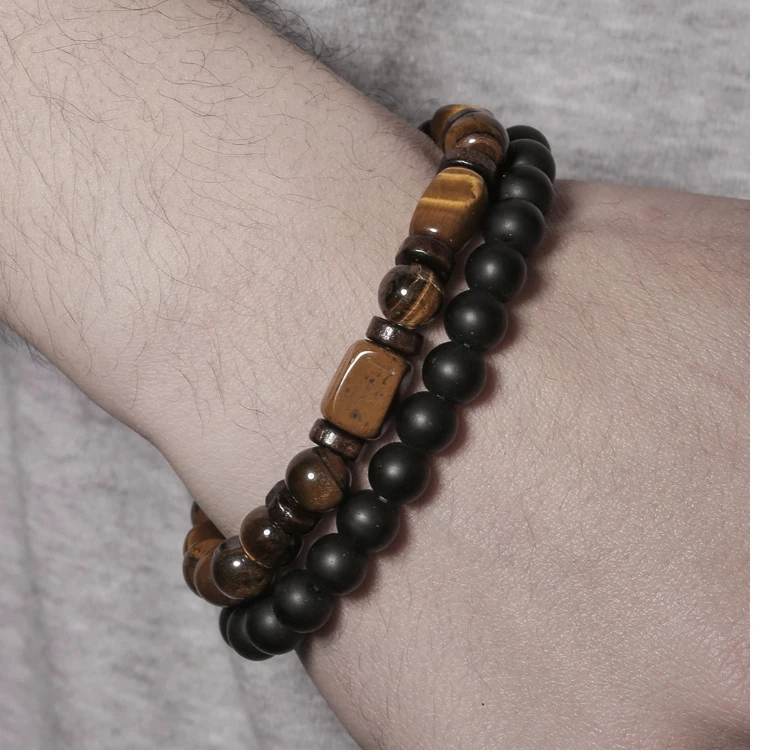 Fashion Stretch natural stone bracelet bracelet for men 8mm tiger eye stone black frosted bead bracelet set jewelry