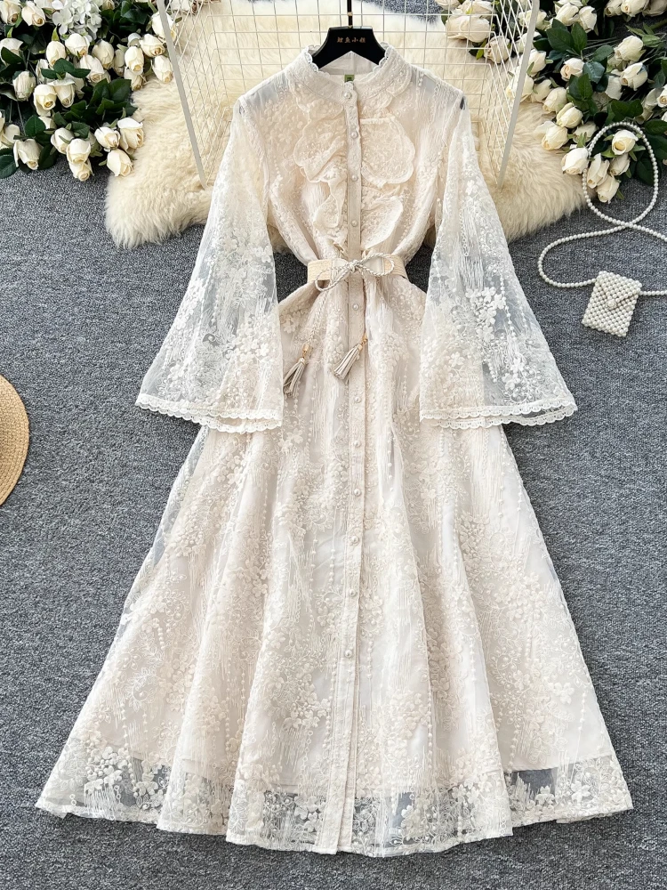 

French Luxury Fashion Flower Mesh Embroidery Dress High Quality Women Stand Long Flare Sleeve Ruffles Belt Party Long Vestidos