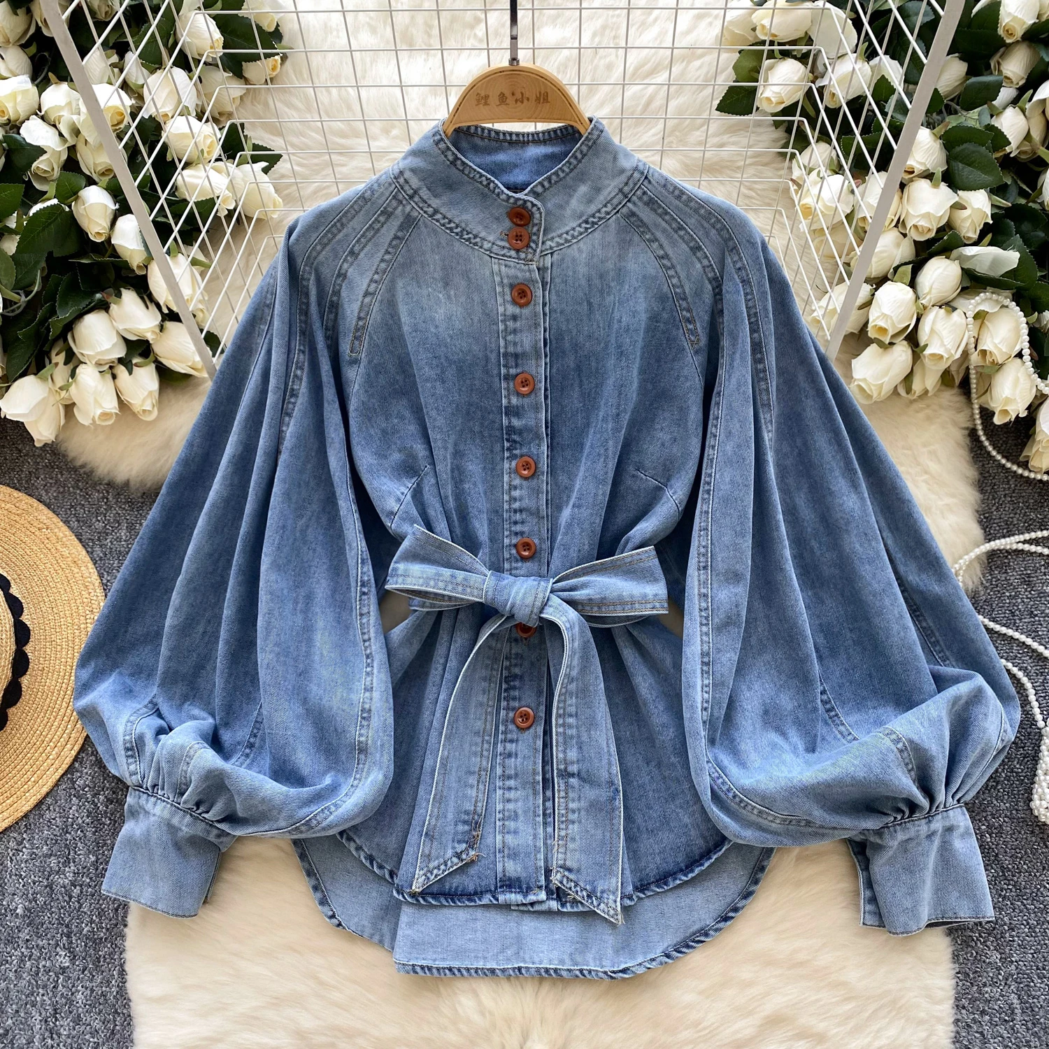 

Retro Stand Up Collar Lantern Sleeve Denim Shirt Women Versatile Loose Single Breasted Top Spring Summer Korean Tie Up Shirt