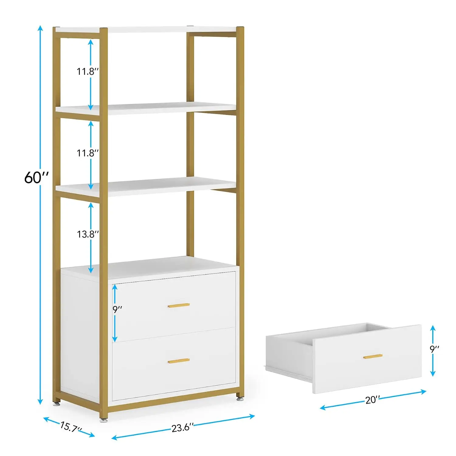 Bookcase, 4-Tier Bookshelf with 2 Drawers, Etagere Standard Book Shelves Display Shelf for Home Office (Gold/White)
