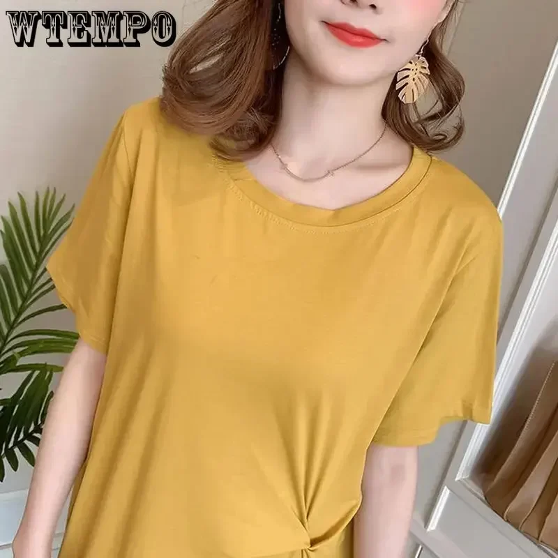 WTEMPO, vestidos veraniegos plisados para mujer, novedad de verano, moda de Color sólido, vestidos sueltos informales para mujer, vestido largo tipo camiseta verde negro amarillo