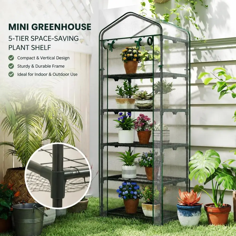 Serre portable à structure verticale, 5 étagères, culture de plantes, jardinage intérieur/extérieur, organisation des plantes sur cinq niveaux, fleurs, espace limité, réduction des dommages environnementaux.