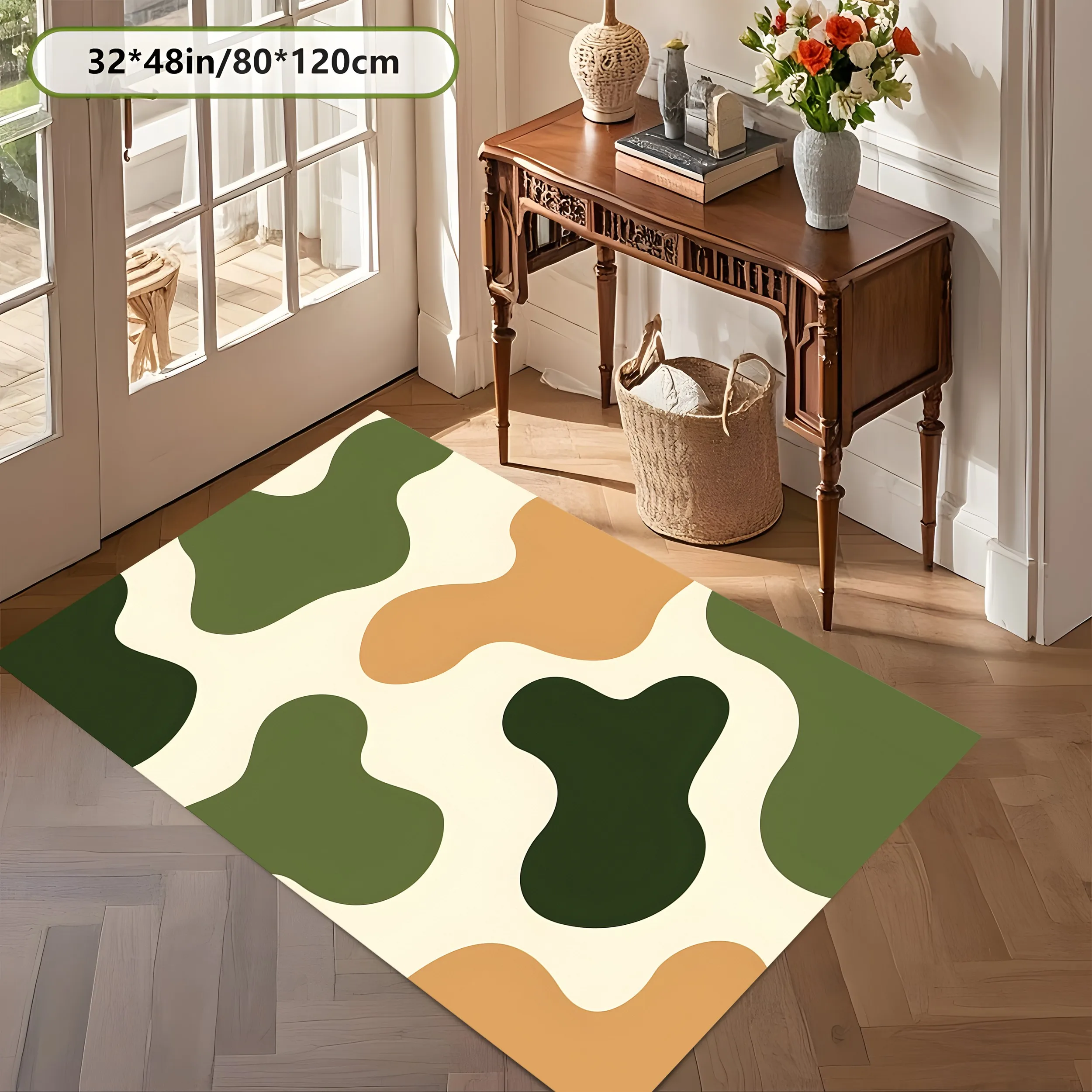 Large Area Rug with Irregular Fluid Color Blocks in Green Brown Milky White, Nordic Minimalist Style, for Living Room Bedroom