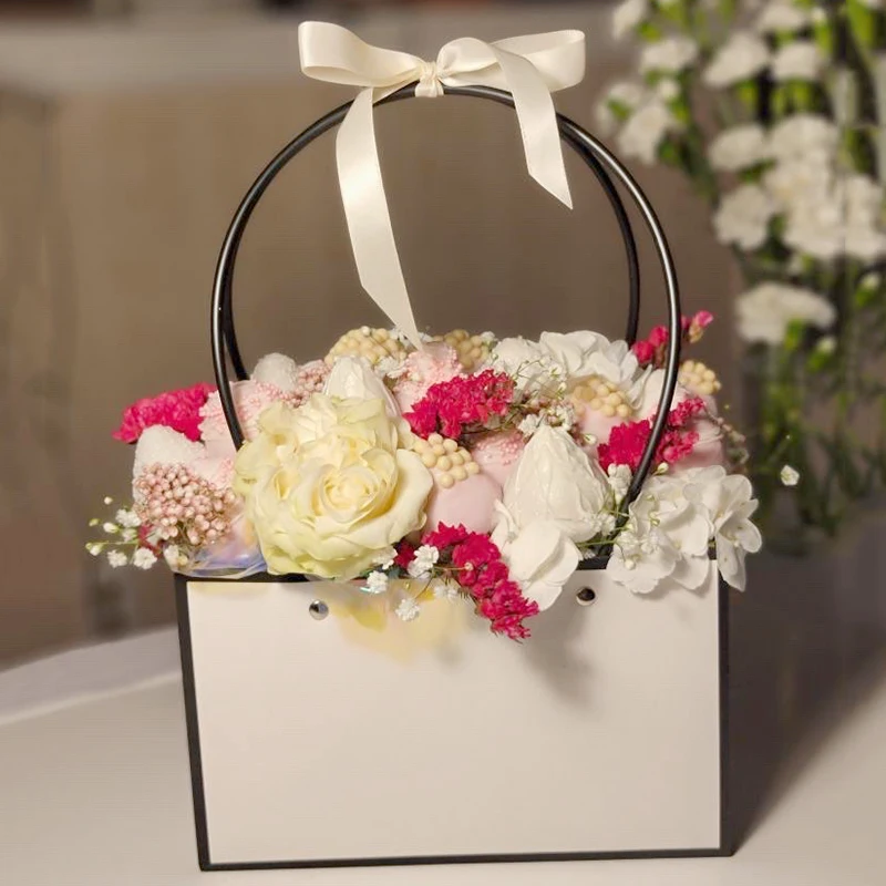 Portable Flower Box Kraft Paper Handy Gift Bag With Handhold Wedding Rose Party Gift Box Packaging Cardboard Box Bag For Wedding