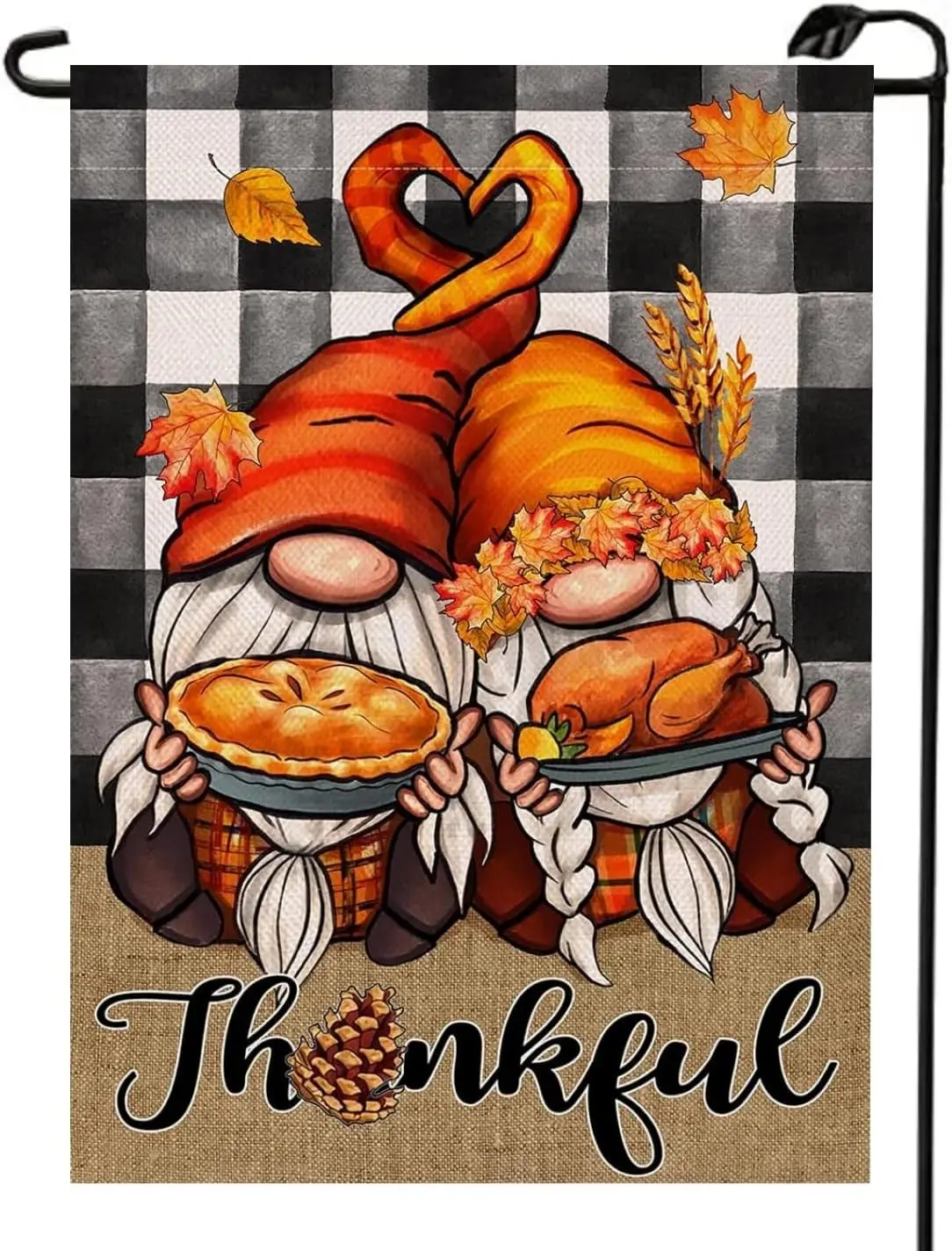 Thankful Gnomes Thanksgiving Garden Flag 12x18 Inch Double Sided Buffalo Plaid Check Fall Turkey Pie Outdoor Autumn Small Fl KZA