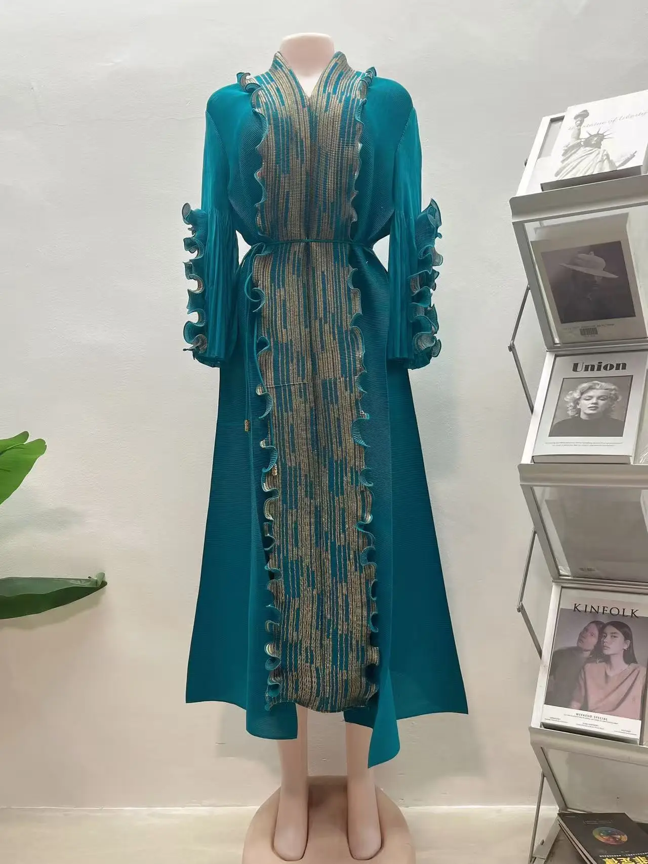 

Miyake Pleated Women's Luxury Dress Loose Fashion V-neck Ruffles Long Sleeve High Strecth Dresses 2025 Summer New