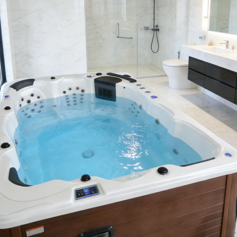 6 Person Outdoor Above Ground Hot Tub Spa with 87 Jets Control LED Chromotherapy & Wooden Skirt for Children