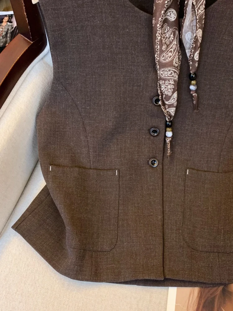 Ele Ne-Tie 실크 스카프 조끼 커피색 여성용 가을 겨울 패션 고급 스웨이드 조끼 탱크탑 황 치안에르