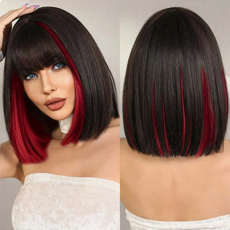 

Wig for women, bob haircut, bangs, short straight hair, bobo, dyed, personalized simulation hair, full head cover