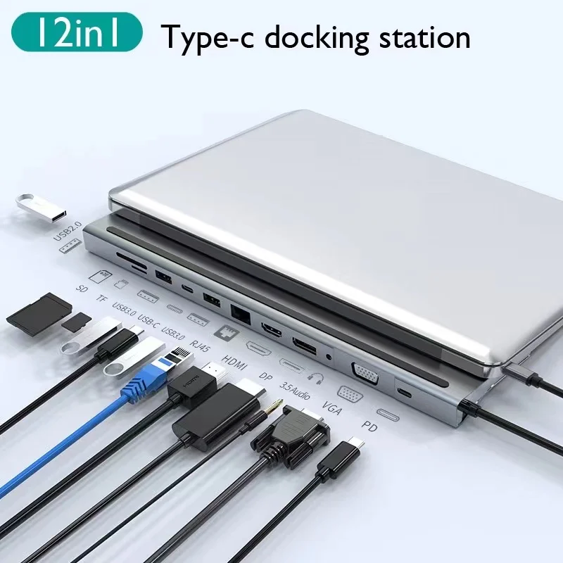 USB C Laptop Docking Station To HDMI VGA USB PD Charge LAN RJ45 3.5MM Jack SD TF Reader Type C Hub Adapter for Laptop PC Dock