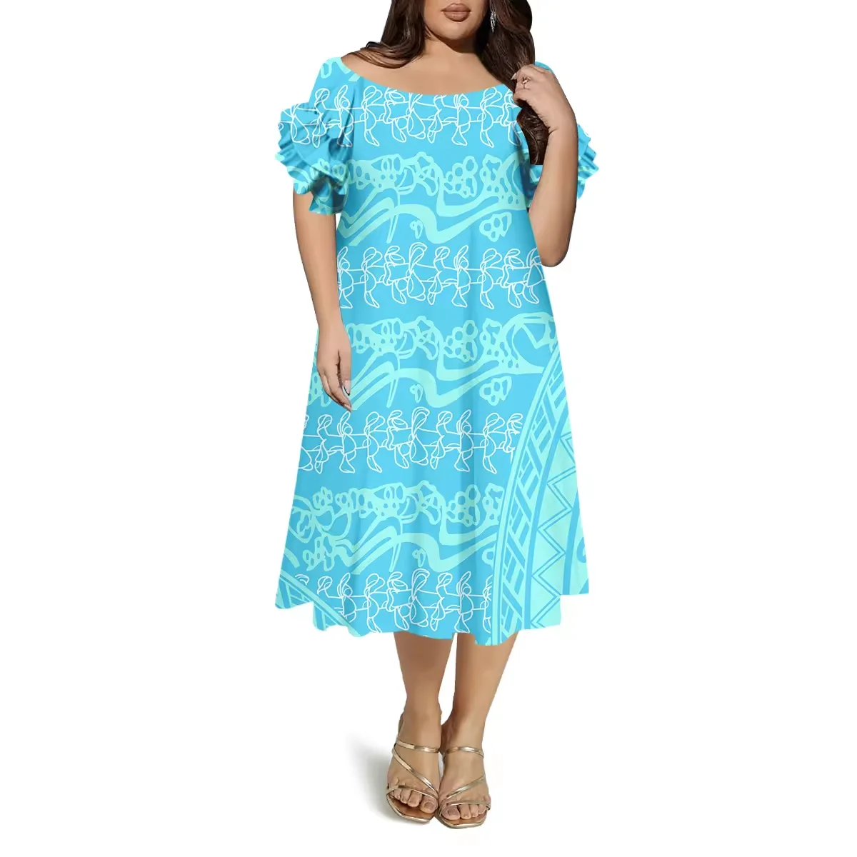 

Высококачественное женское платье с открытыми плечами, с гавайским принтом, коротким рукавом, в стиле искусства островов Тихого океана, повседневное платье.