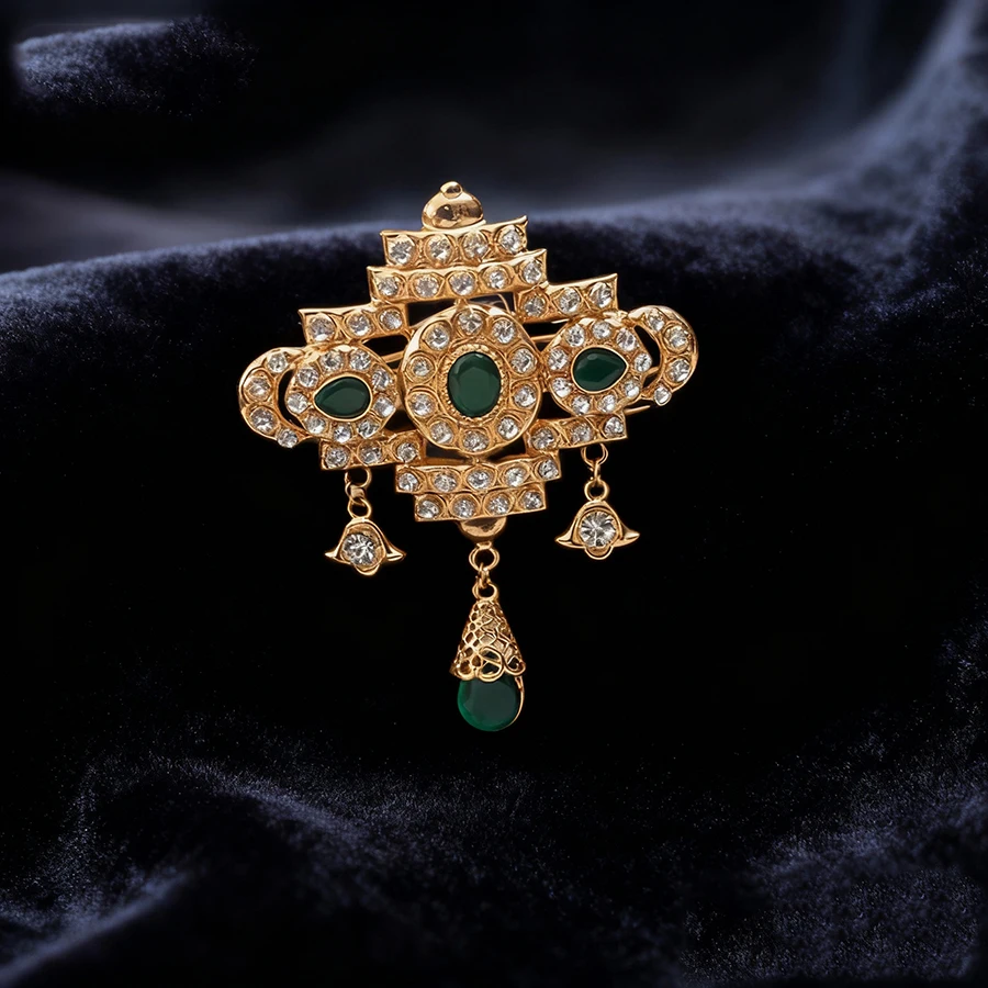 Gold Plated Moroccan Caftan Brooch Middle East Wedding Jewelry Rhinestone Hijab Accessory for Ethnic Women