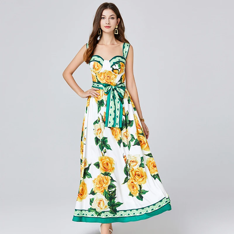 Runway Designer Holiday Print Dresses For Women Straps Sundress Belt Floral Pleated Long Maxi Beach Wear Prom Vestidos