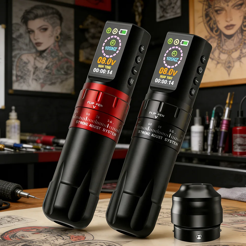 Wireless Tattoo Machine Pen Adjustable Stroke Battery Tattoo Pen Machine Gun with RCA Adapter RCA Cable for Tattoo Needles