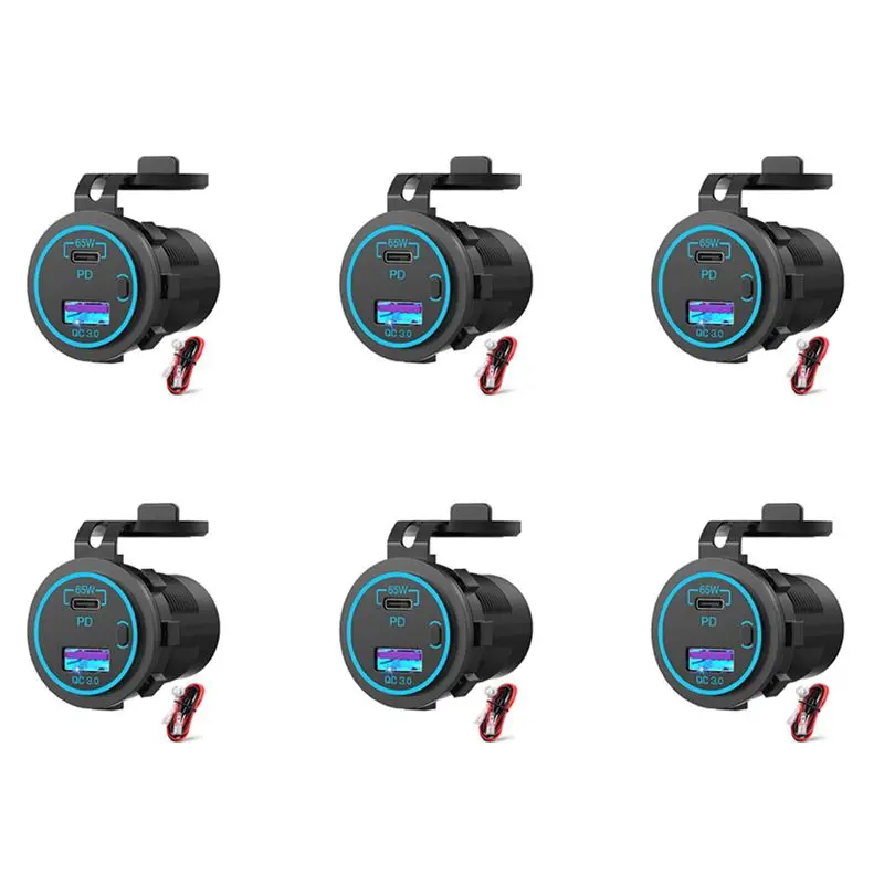 ABGI 6X 65W PD 12V USB C Car Outlet Multi Port Socket Waterproof Adapter for Laptop Boat Truck