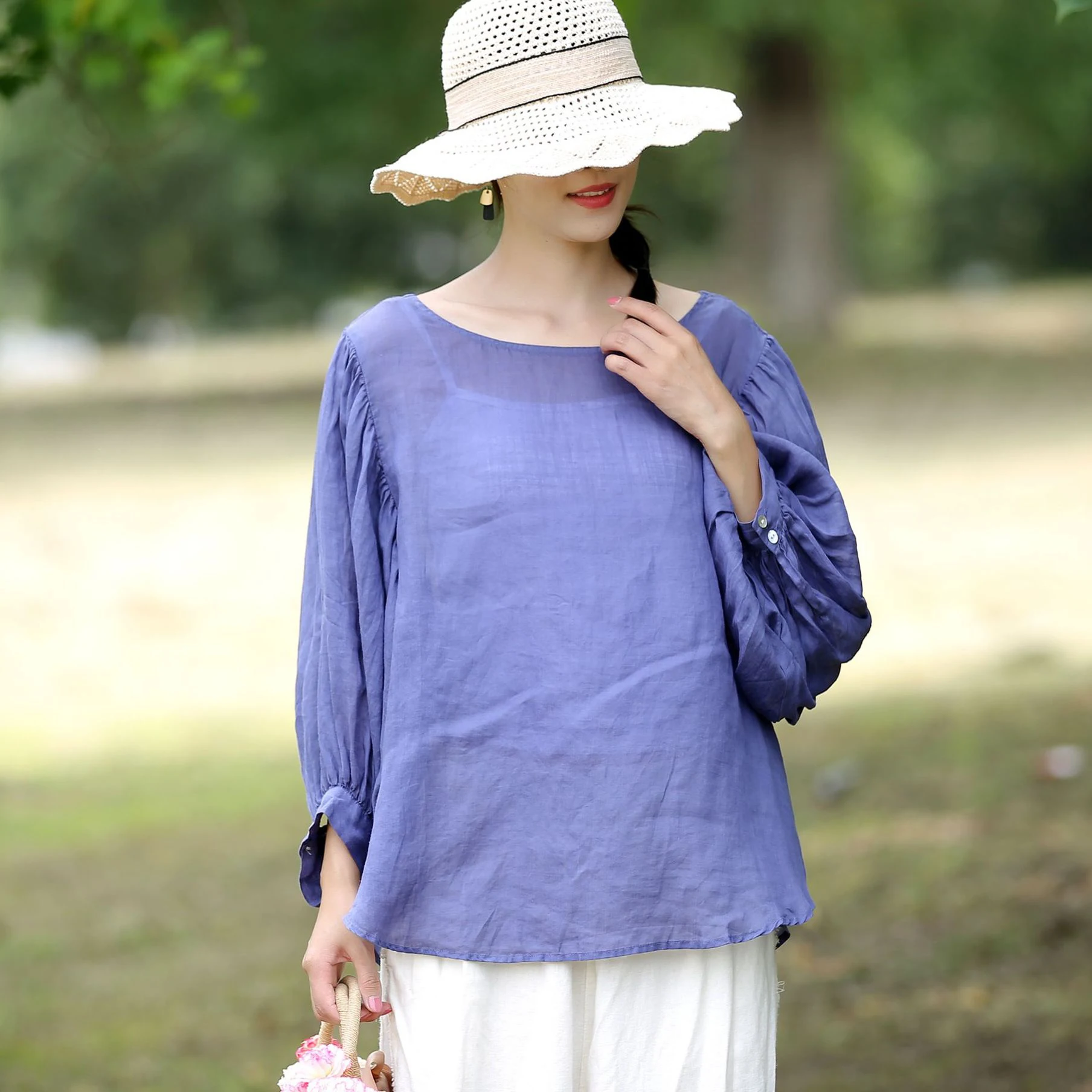 

Johnature 2024 New Solid Color Loose Linen Women Shirts Autumn Vintage O-neck Nine Quarter Lantern Sleeve Thin Female Blouses