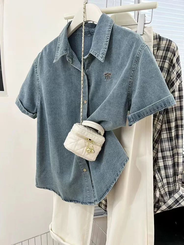 Sweet Short Sleeve Denim Shirt Women's Summer Design Sense Korean Style Loose Fit Regular Sleeve Length Chinese Origin