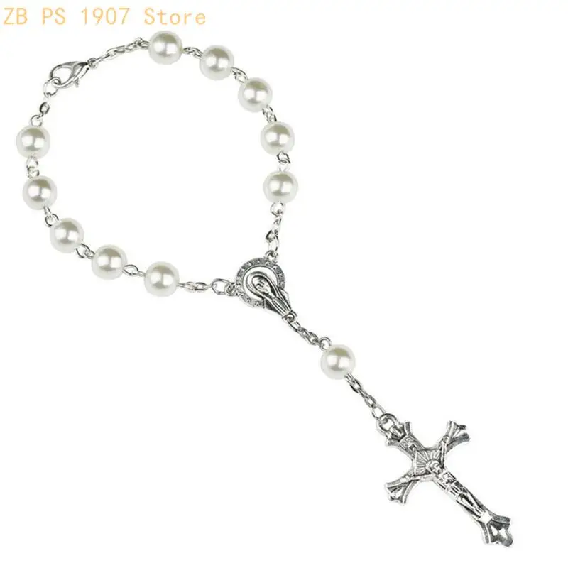 2Xwhite Artificial Pearls Bead Rosary Bracelets Catholic Prayer Beads First Communions Gifts Baptism Rosary Party 55KA