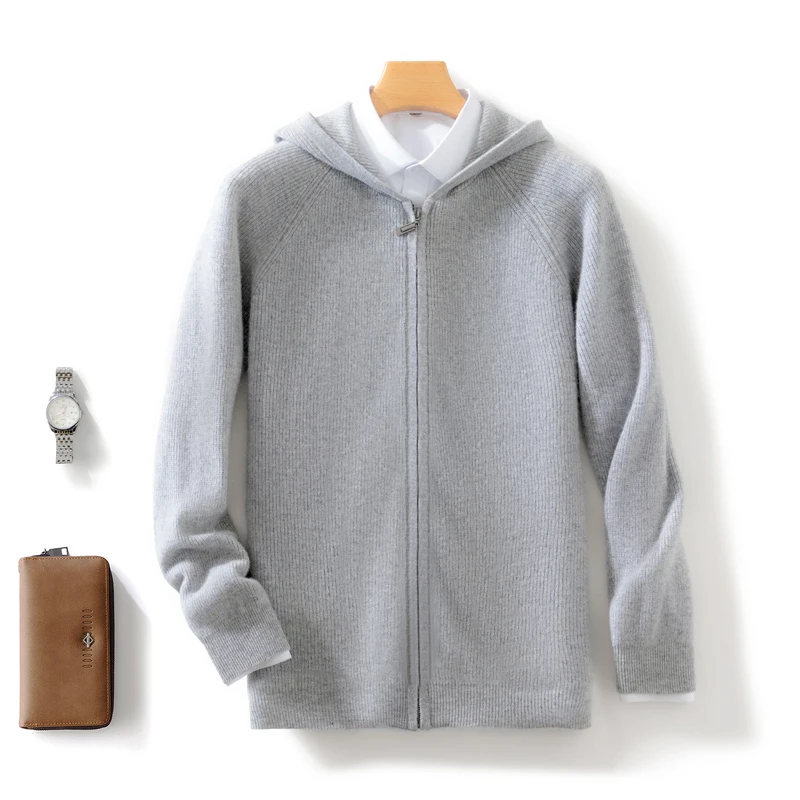 100% Merino Wool Sweater Men's Hooded Collar Zipper Cardigan Autumn Winter Thickened Knit Jacket Long Sleeved Sportswear Coat