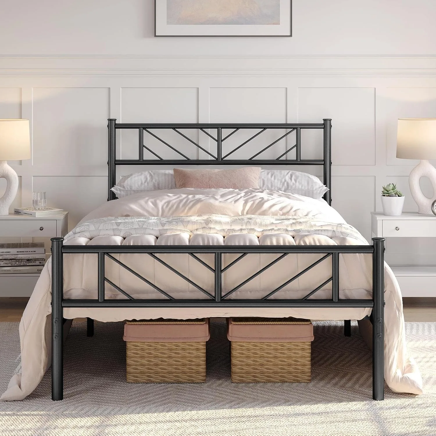 Platform Bed Frame with Arrow Design Headboard, 13 Inches Metal Mattress Foundation for Storage, Customized