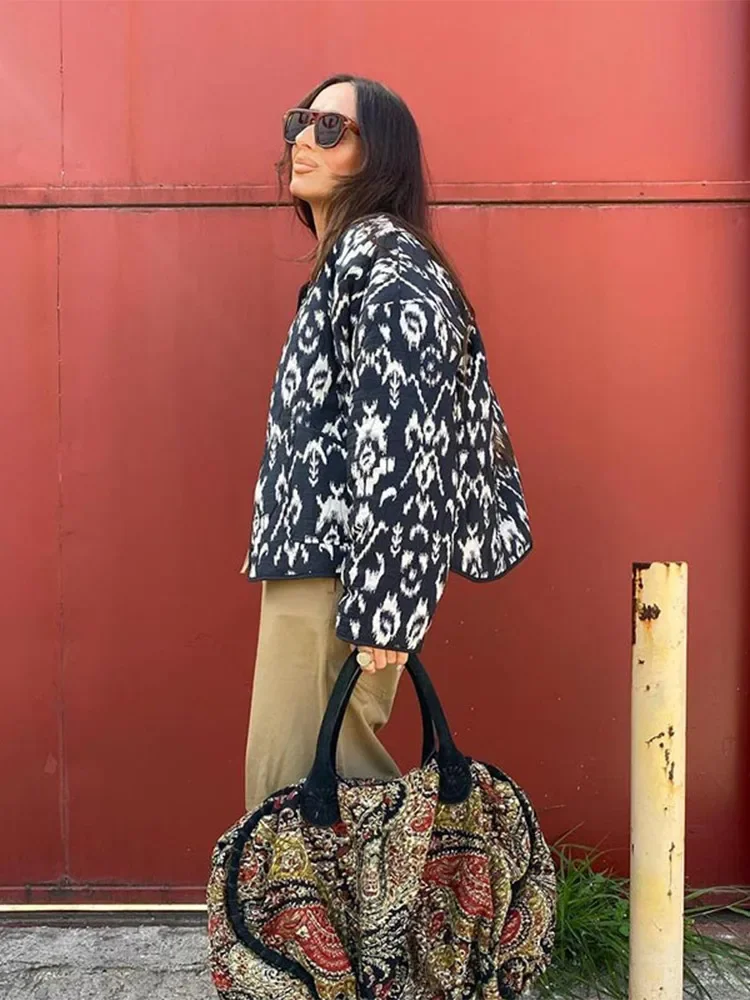 Casaco de algodão estampado de peito único feminino, bolsos elegantes, jaqueta de mangas compridas, streetwear com gola O, moda senhora, outono, inverno, 2024