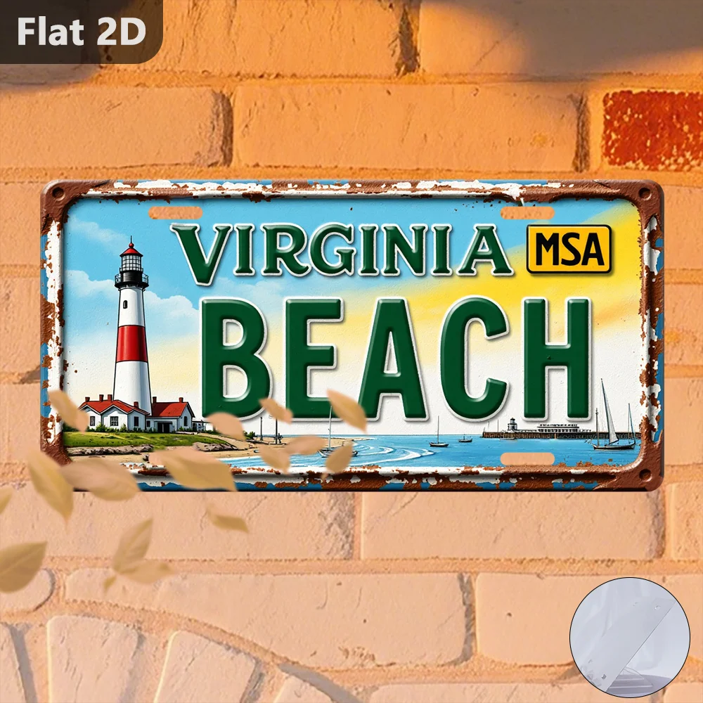 1pc 2D Flat Vintage Sign, Outdoor Plaque & Wall Decor, Virginia Beach Coastal Scene,Ideal for Home Decor, Coffee Shop, Bar