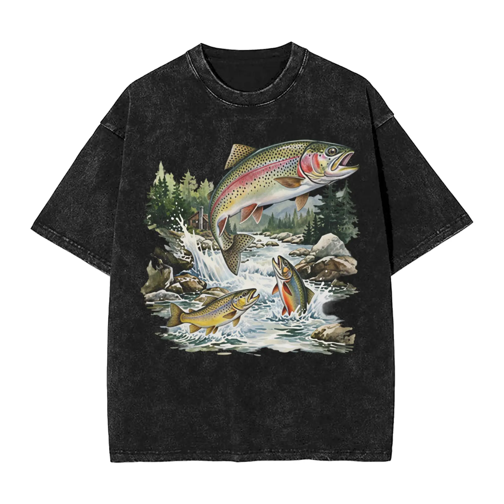 Fly Fishing Washed T Shirt Men  Awesome Cotton T-Shirts Summer Breathable Hipster Tee Shirt Pattern Oversize Tops