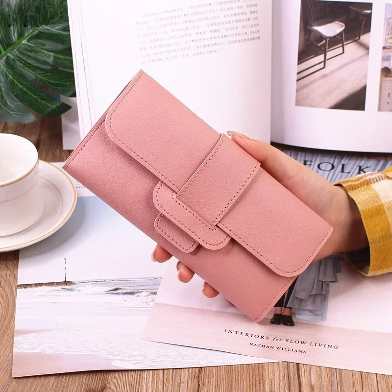 2024 Leather Women Wallets Luxury Long Hasp Fold-over Pattern Coin Purses Female Brand Solid Colors New Thin Clutch Phone Bag