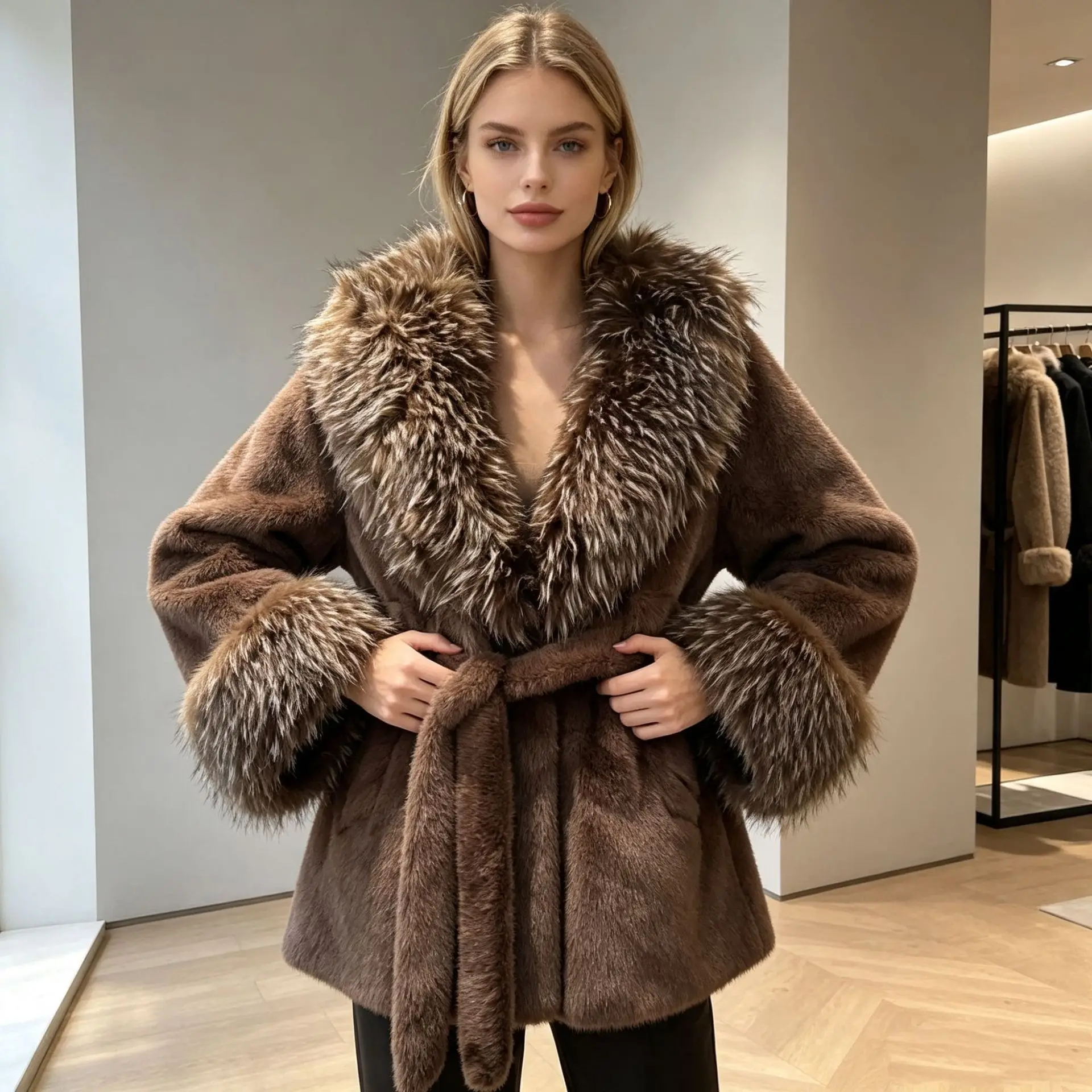 Winter New Elegant Socialite Eco-Friendly Fur Coat for Women Imitation Fox Fur Collar V-Neck Long Sleeve Thickened Warm Coat