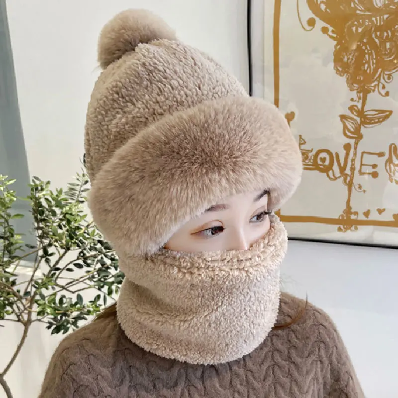 Winter Cashmere Hat Fleece Balaclava Men Women Head Hood Scarf Hat Cap Thicken Cozy Warm Bonnet Lamb Balaclava Riding Bobble Hat