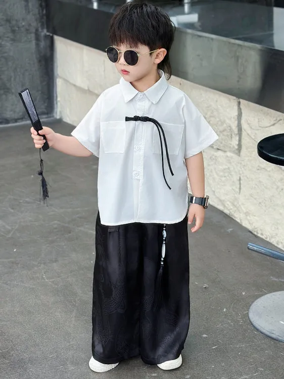 男の子の夏服子供用カジュアル服セット新シーズン男の子の伝統的な中国風の通気性のある薄い素材のスーツ