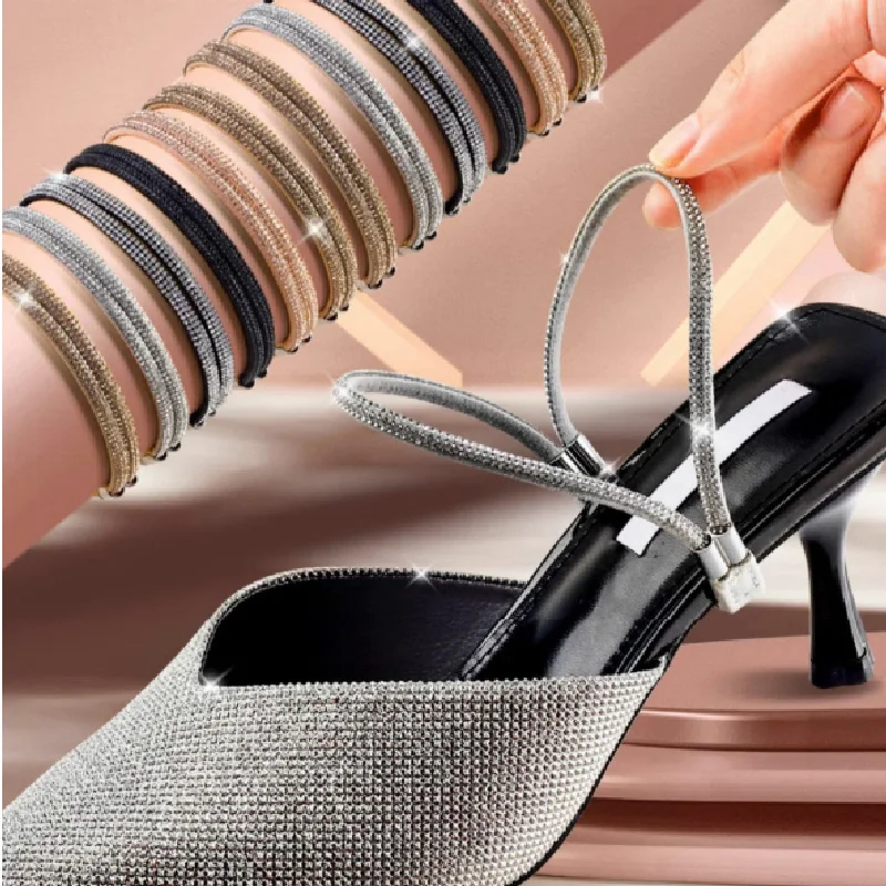 1Pair Women Rhinestone High Heel Heel Straps Elastic Anti‑Loose Anti‑Drop Diamond Shoe Band Fixed Belt for High‑heeled Shoes