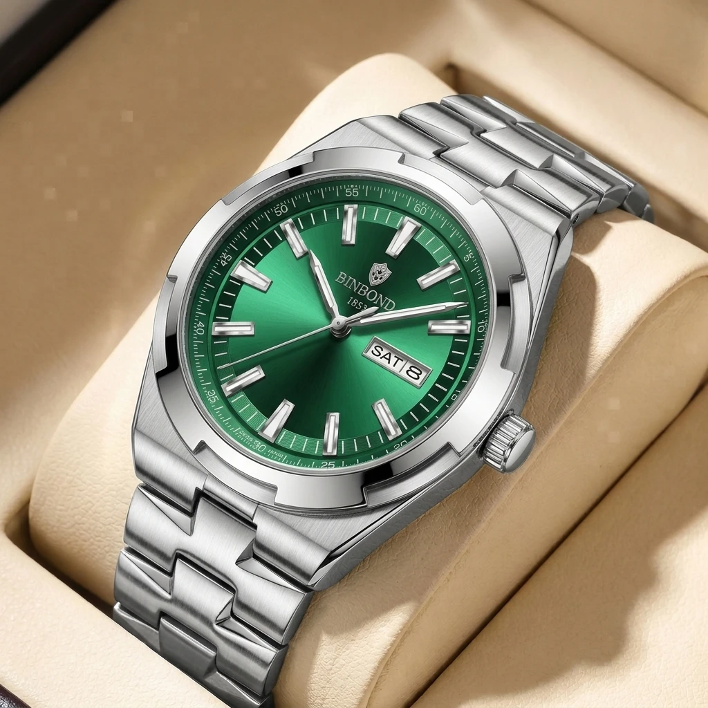 1 Stück Modische Schlichte Herrenuhr Silbernes Metallarmband Grünes Zifferblatt Tag-Datum-Anzeige Business Casual Vielseitig