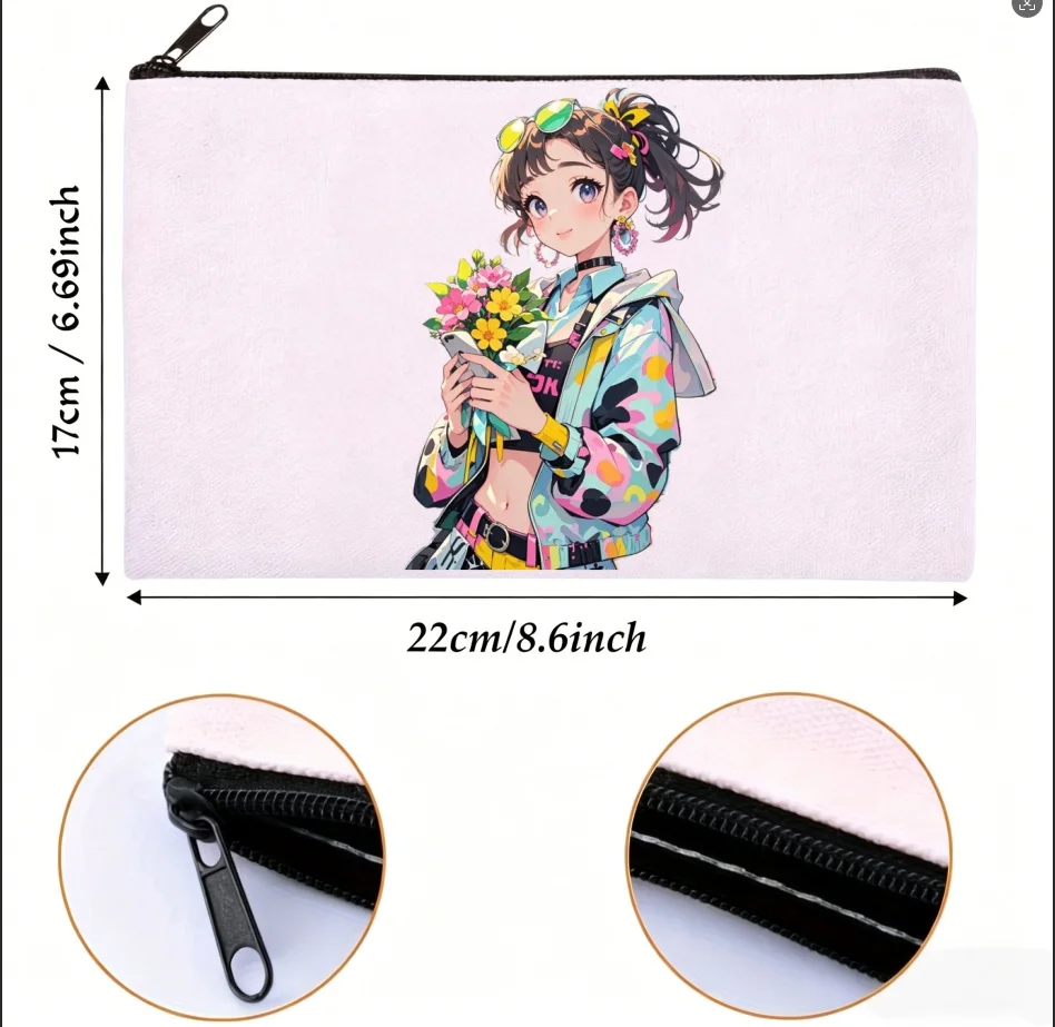 

1PC Trendy Colorful Anime Girl with Bouquet Canvas Cosmetic Bag, Zippered Organizer