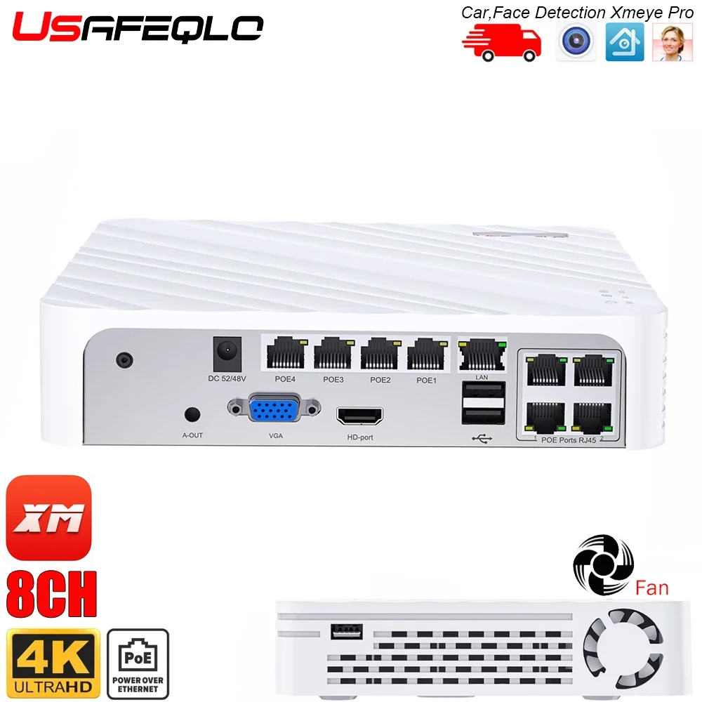 4K 8CH POE NVR 8MP POE Network Video Recorder Supports up to 8 x 8MP/4K IP Cameras 8-Channel Power Over Ethernet Face Human Car