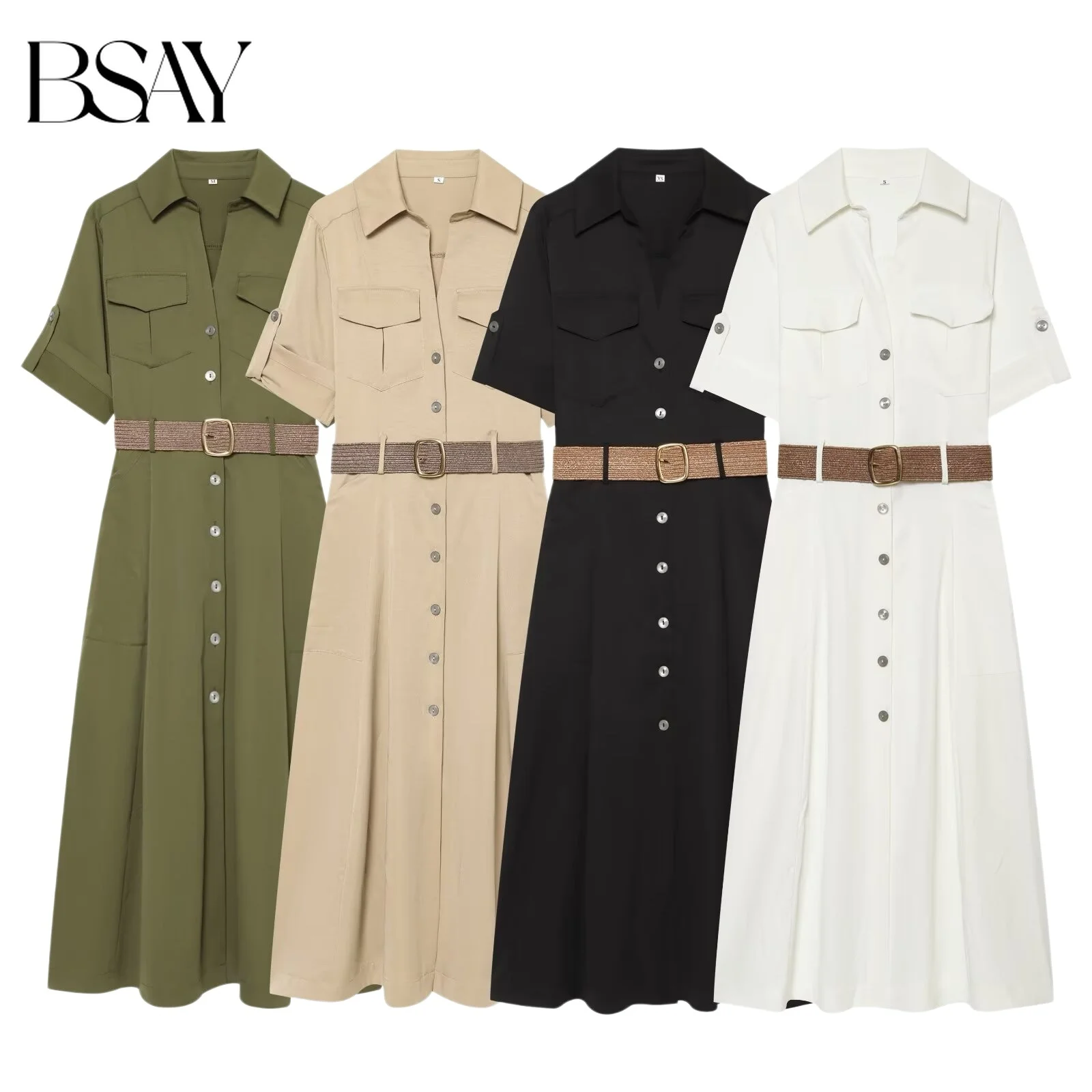 BSAY 2026  Fashion Solid Color Women Short Sleeve Lapel Shirt Dress Front Flap Pockets Belted Waist Elegant Commuter Midi Dress