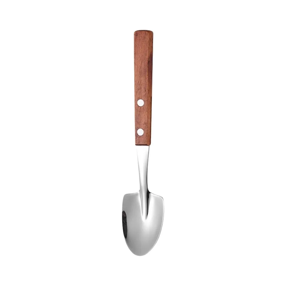 Shovel Shape Dessert Spoons 4 Pack Made of 304 Stainless Steel and Wood for Ice Cream Cake and Yogurt Portions