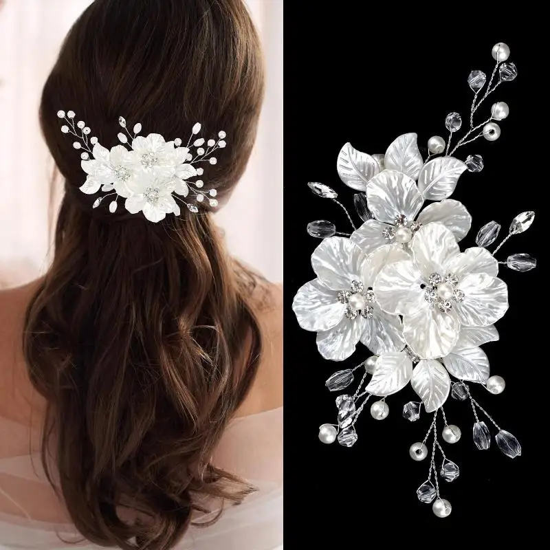 1PC Pearl Rhinestone Flower Bridal Hair Clip 14cm Crystal Beaded Hairpin Wedding Ornament Jewelry For Women
