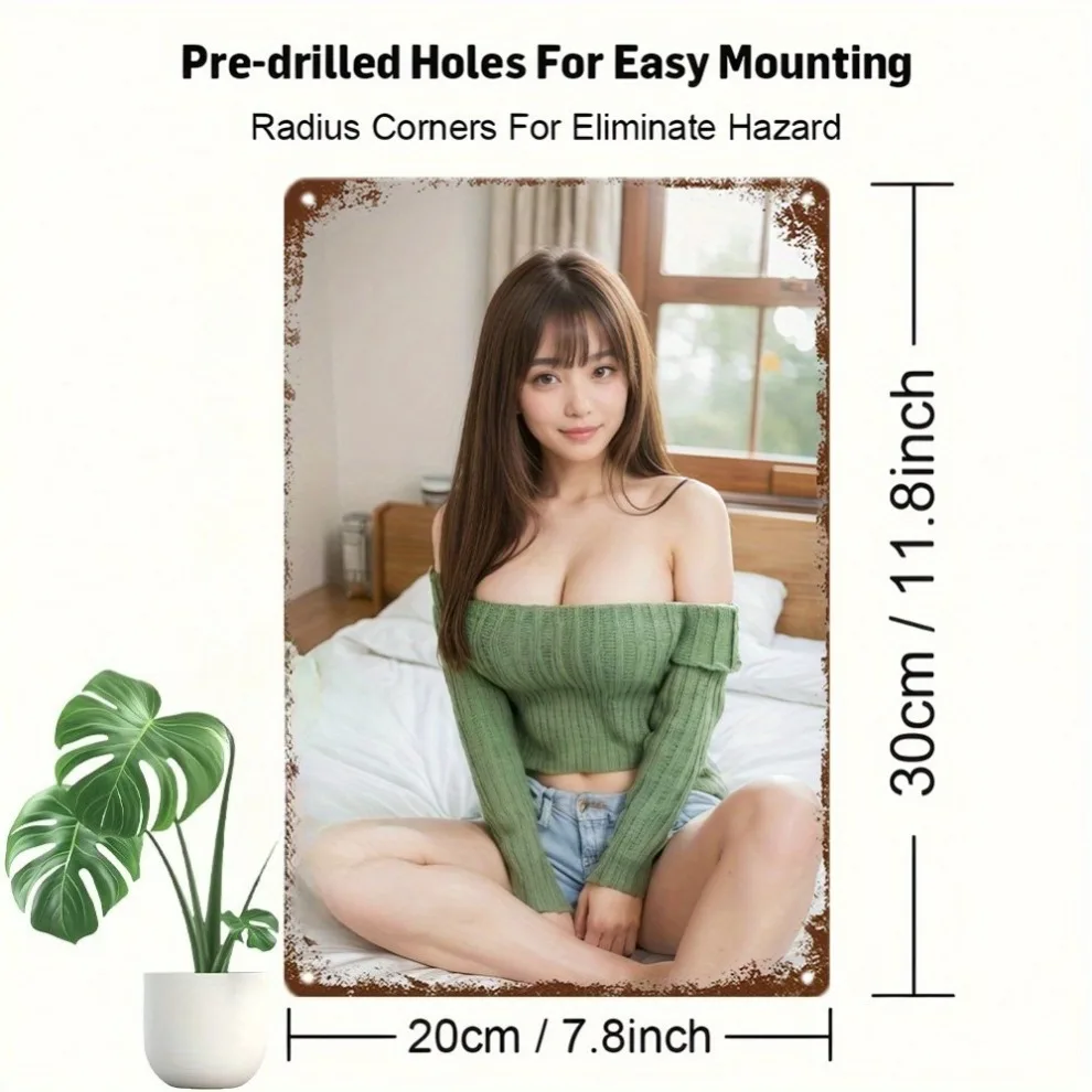 HD Metal Tin Sign, Beautiful Asian Girl in Green Off-Shoulder Sweater & Denim Shorts Vintage Metal Poster, Cozy Aesthetic Wall A