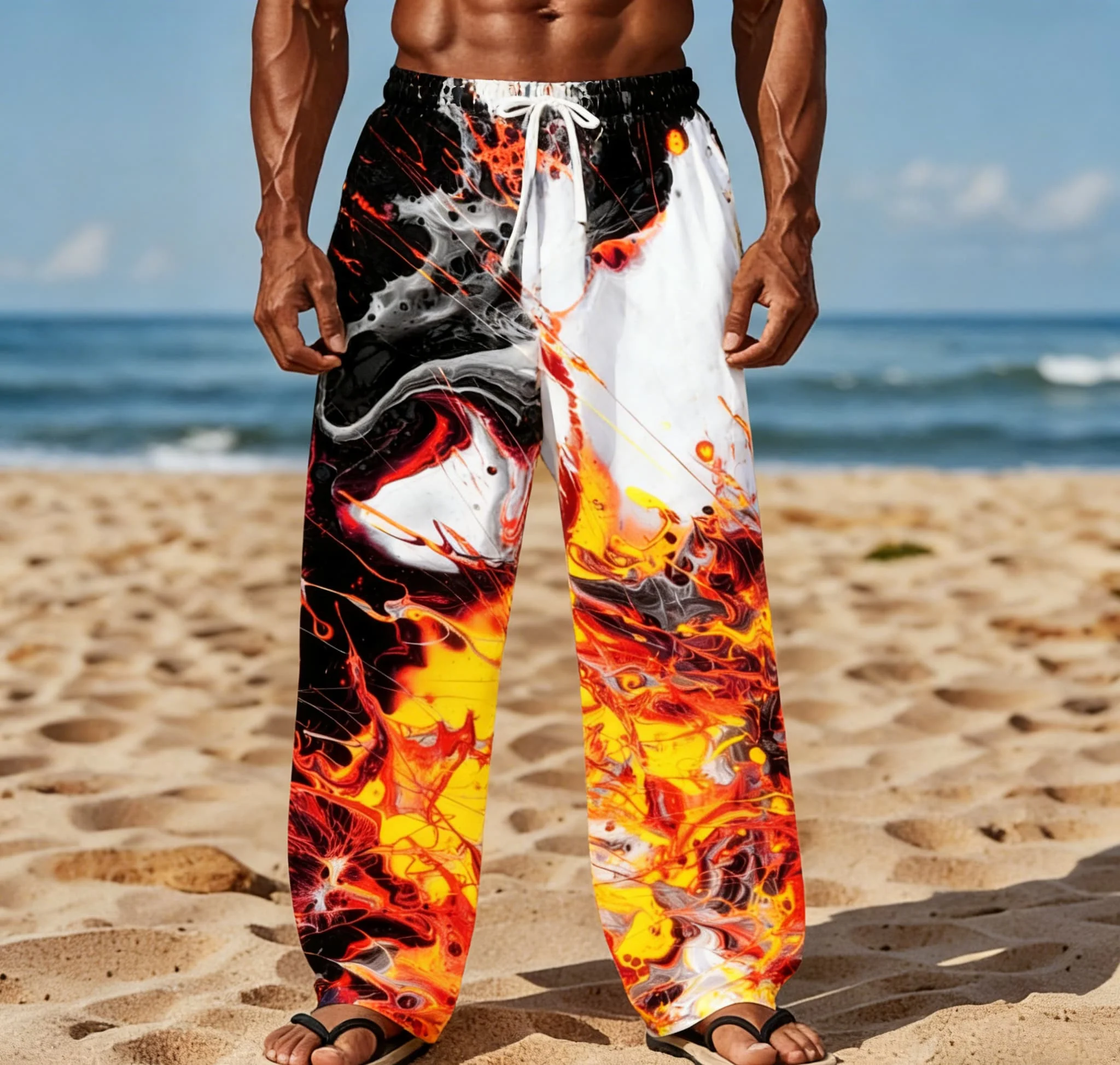 Men's Summer New Hawaiian Style Long Pants Retro Ethnic Tribal Pattern Print Beach Wide-Leg Pants