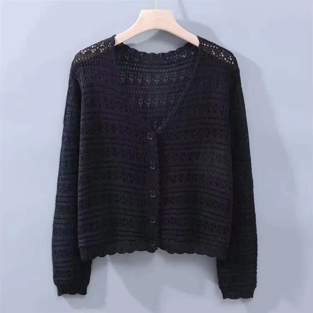 

Fashion Hollow Out Knitted Cardigan V-Neck Long Sleeve Sun-Proof Tops Casual Thin Outwear Women