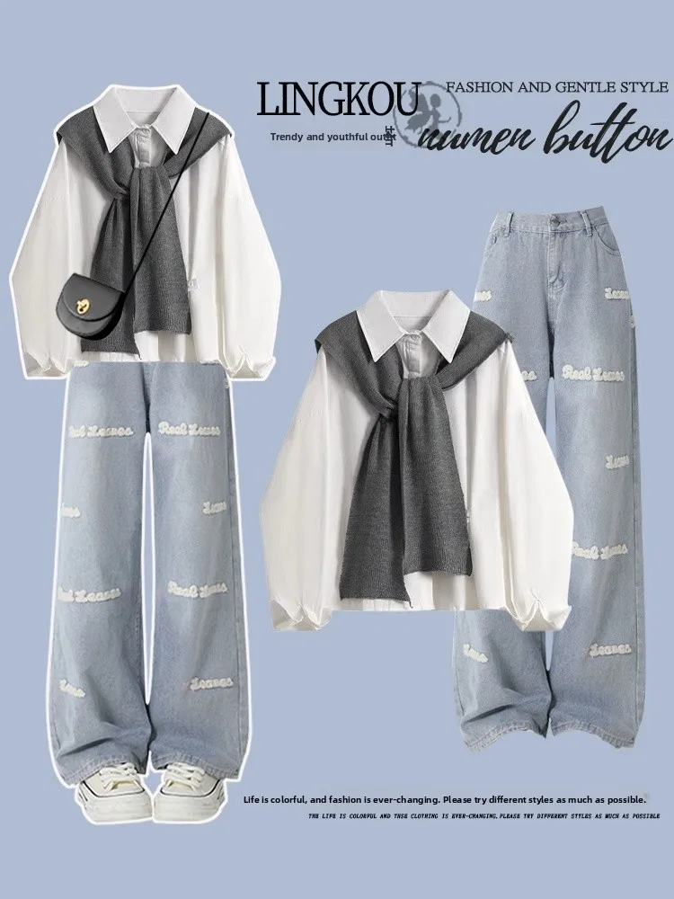 

Loose Women's College Style Set with Embroidered Denim High Waist Slimming Outerwear Shirt And Shawl Three Piece Set Autumn S...