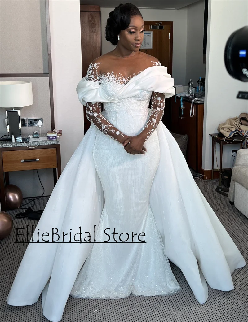 Vestidos de casamento africanos para noivas sheer mangas compridas apliques lantejoulas sereia vestidos de noiva com trem destacável personalizado